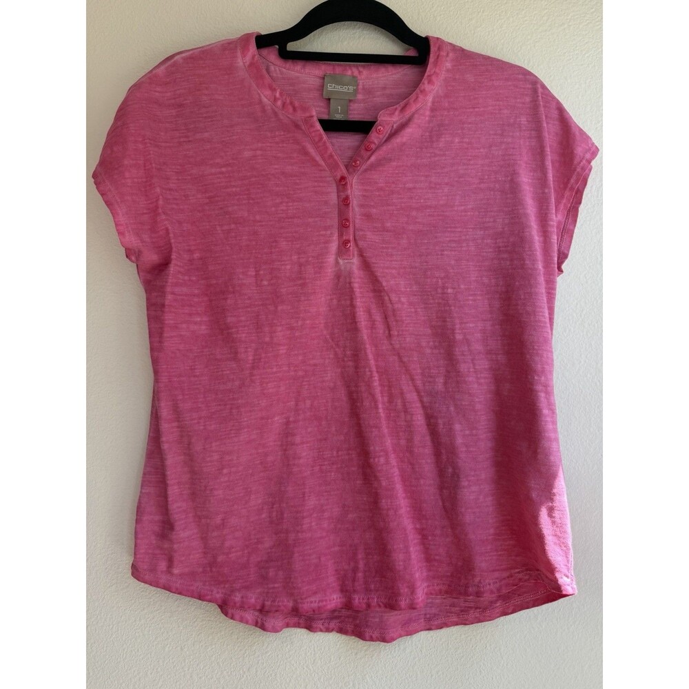 Chico's Size 1 Women's M Pink 100% Cotton Knit V-Neck Henley Short Sleeve Button